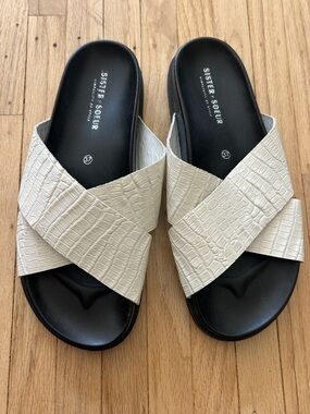 Sister X Soeur Cream Allie Leather Croc Cross Strap Slide Sandals Size 37 (7).